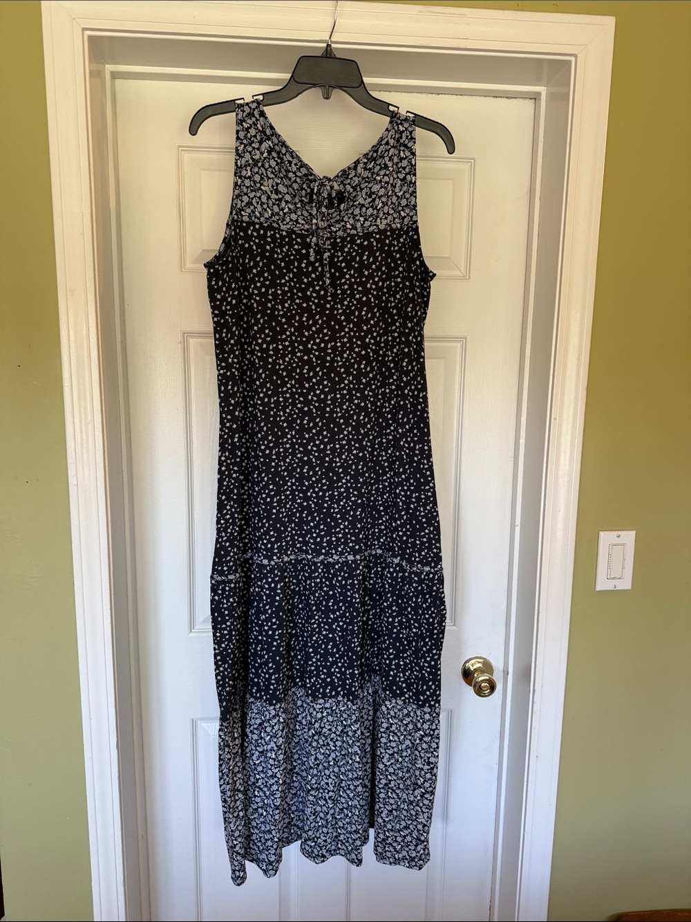 J Jill Navy Blue Floral Maxi Midi Dress Sleeveless Jersey Knit Tiered Boho M - Picture 3 of 7